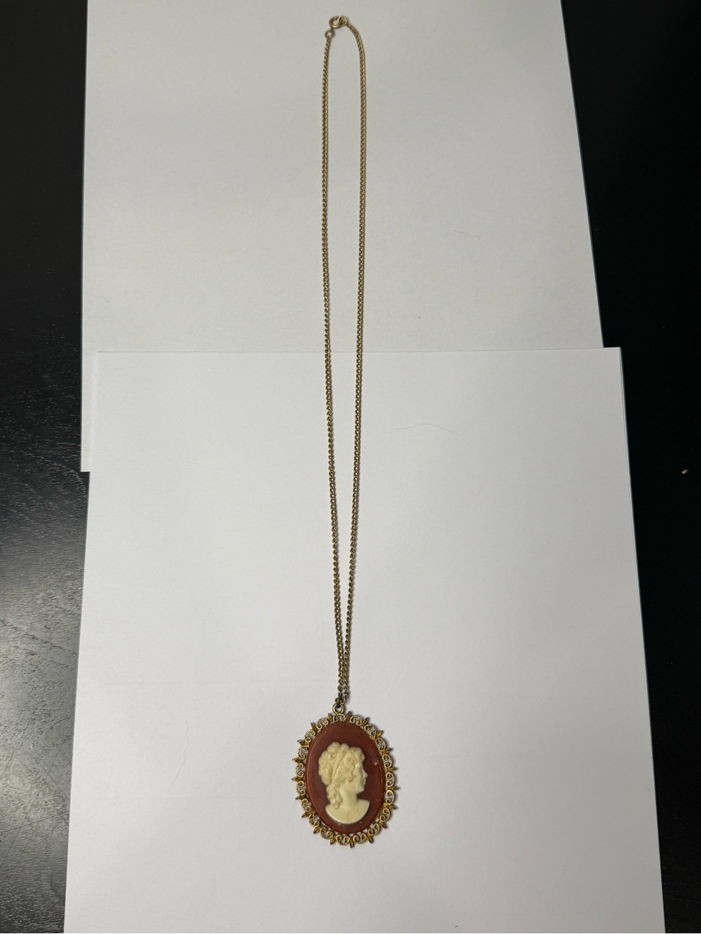 Vintage-Style Cameo Pendant Necklace in Brown and Cream